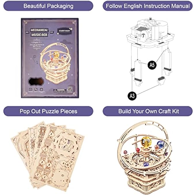 MUSIC BOX 3D PUZZLES FOR ADULTS, DIY WOODEN MECHANICAL BUILDING MODEL KITS, GIFT FOR TEENS KIDS ON CHILDREN'S DAY/BIRTHDAY/CHRISTMAS - STARRY NIGHT - Image 4